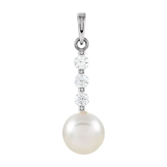 Pearl Pendant, Three Diamonds and White Cultured White Freshwater Pearl - 85907 - Image 2