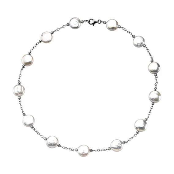 Sterling Silver Pearl Necklace, Coin Style Cultured White Freshwater Pearls - 66365 POPULAR CHOICE