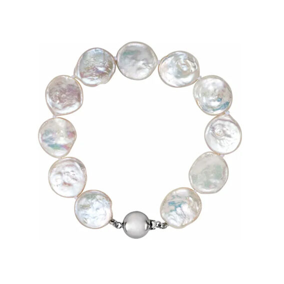Sterling Silver. Cultured White Freshwater Coin Pearl Bracelet - 67194