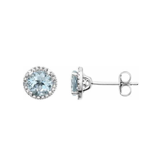 Stud Earrings, Rhodium-Plated Sterling Silver, Birthstone and Diamond Halo-Style - 652050