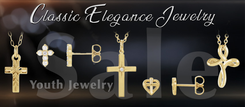 Gold cross pendants and earrings showcased on a dark gradient banner, advertising 'Classic Elegance Jewelry' and 'Youth Jewelry'